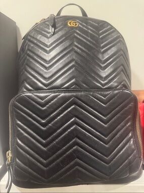 Gucci Black Quilted Chevron Leather Backpack with Gold GG